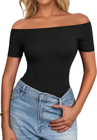 Sexy Off The Shoulder Tops for Women Summer Short Sleeve Shirts Ribbed Slim Fitted Trendy Going Out Tops in Kuwait