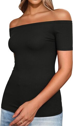 Sexy Off The Shoulder Tops for Women Summer Short Sleeve Shirts Ribbed Slim Fitted Trendy Going Out Tops in Kuwait