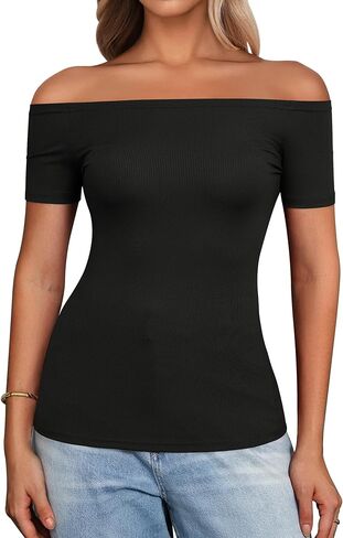 Sexy Off The Shoulder Tops for Women Summer Short Sleeve Shirts Ribbed Slim Fitted Trendy Going Out Tops in Kuwait