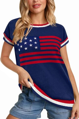 لـ G و PL للنساء في الرابع من يوليو USA CAP Flag Cap قصير الأكمام أعلى أبيض أحمر أزرق ستار ستريب in Kuwait