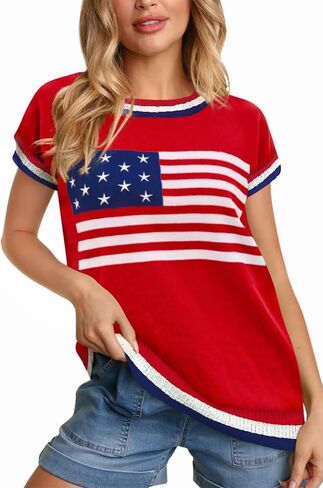 لـ G و PL للنساء في الرابع من يوليو USA CAP Flag Cap قصير الأكمام أعلى أبيض أحمر أزرق ستار ستريب in Kuwait