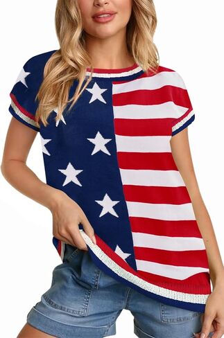 For G and PL Women 4th of July USA Flag Cap Short Sleeve Top White Red Blue Star Stripe Crew Neck Knit Shirt in Saudi Arabia