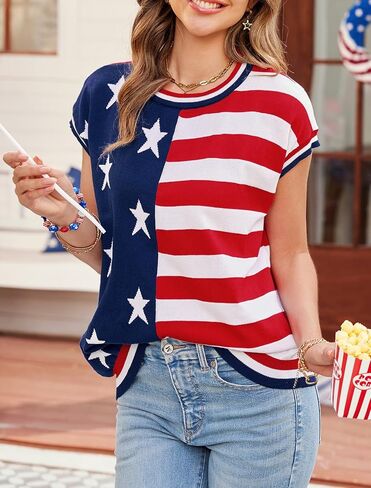 For G and PL Women 4th of July USA Flag Cap Short Sleeve Top White Red Blue Star Stripe Crew Neck Knit Shirt in Saudi Arabia