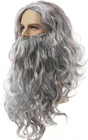 Grey Wig and Beard Wizard Costume Wig Accessory, Long Gray Wizard Beard and Wig Set Reusable Fake Beard Sorcerer Party Dress Up for Halloween Cosplay in Kuwait
