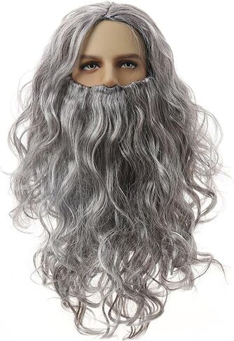 Grey Wig and Beard Wizard Costume Wig Accessory, Long Gray Wizard Beard and Wig Set Reusable Fake Beard Sorcerer Party Dress Up for Halloween Cosplay in Kuwait