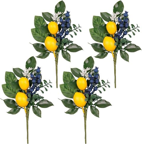 Valery Madelyn 4 Packs Spring Summer Picks with Lemons Blueberry Eucalyptus Leaves, Artificial Fruit Lemon Picks with Greenry, Summer Lemon Branches Decorations for Home Vase Kitchen Table Decor-12'' in Saudi Arabia