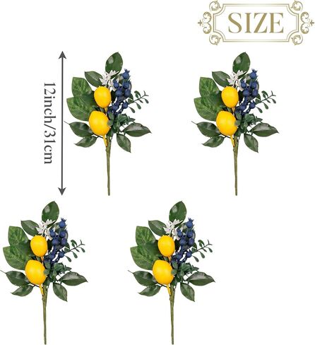 Valery Madelyn 4 Packs Spring Summer Picks with Lemons Blueberry Eucalyptus Leaves, Artificial Fruit Lemon Picks with Greenry, Summer Lemon Branches Decorations for Home Vase Kitchen Table Decor-12'' in Saudi Arabia