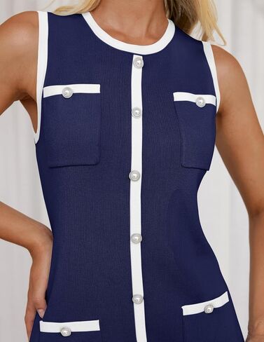 ZESICA Women's 2025 Summer Sleeveless Mini Dress Crewneck Button Knit Color Block Bodycon Party Short Dresses with Pockets in Saudi Arabia