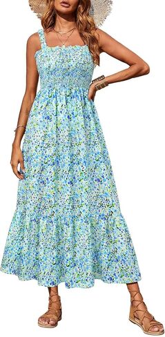 Youtalia للسيدات ، فستان Maxi Maxi Summer Boho Disual Square Devel Ad-line Long Long Strap Facaltes Sundresses in Kuwait