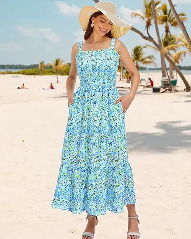 Youtalia للسيدات ، فستان Maxi Maxi Summer Boho Disual Square Devel Ad-line Long Long Strap Facaltes Sundresses in Kuwait
