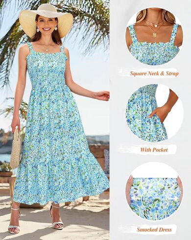 Youtalia للسيدات ، فستان Maxi Maxi Summer Boho Disual Square Devel Ad-line Long Long Strap Facaltes Sundresses in Kuwait