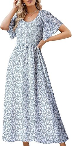 Dokotoo Womens Dresses 2025 Square Neck Tie Backless Summer Dresses Cap Sleeve Floral Buttoned Empire Waist Maxi Dress in Saudi Arabia