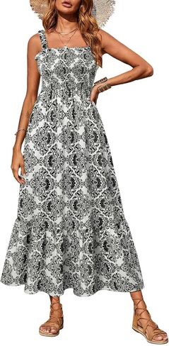 Youtalia للسيدات ، فستان Maxi Maxi Summer Boho Disual Square Devel Ad-line Long Long Strap Facaltes Sundresses in Kuwait