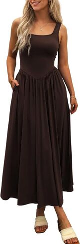 Women's Summer Maxi Dress 2025 - Sleeveless Square Neck Casual Beach Sundress with Pockets, Flowy Patchwork Knit in Saudi Arabia