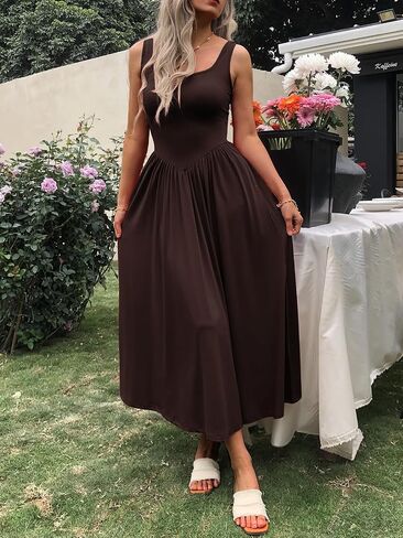Women's Summer Maxi Dress 2025 - Sleeveless Square Neck Casual Beach Sundress with Pockets, Flowy Patchwork Knit in Saudi Arabia