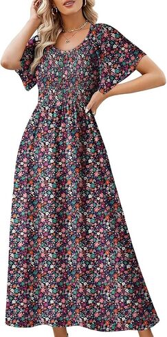 Dokotoo Womens Dresses 2025 Square Neck Tie Backless Summer Dresses Cap Sleeve Floral Buttoned Empire Waist Maxi Dress in Saudi Arabia