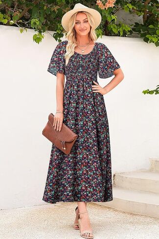 Dokotoo Womens Dresses 2025 Square Neck Tie Backless Summer Dresses Cap Sleeve Floral Buttoned Empire Waist Maxi Dress in Saudi Arabia