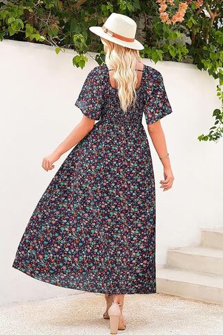 Dokotoo Womens Dresses 2025 Square Neck Tie Backless Summer Dresses Cap Sleeve Floral Buttoned Empire Waist Maxi Dress in Saudi Arabia