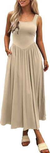 Women's Summer Maxi Dress 2025 - Sleeveless Square Neck Casual Beach Sundress with Pockets, Flowy Patchwork Knit in Saudi Arabia
