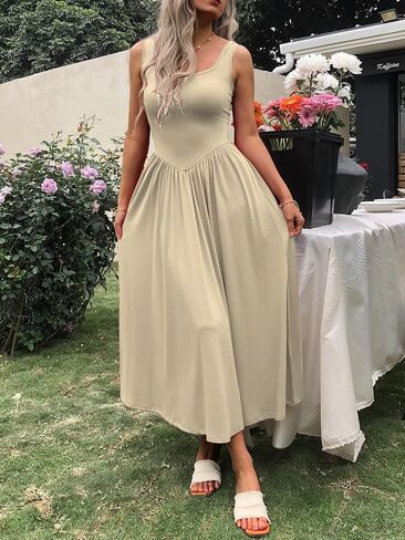 Women's Summer Maxi Dress 2025 - Sleeveless Square Neck Casual Beach Sundress with Pockets, Flowy Patchwork Knit in Saudi Arabia