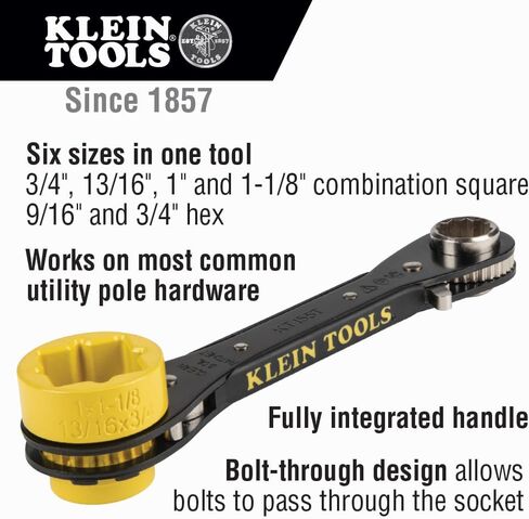Klein Tools KT155T 6-In-1 Lineman's Ratcheting Wrench with Bolt Through Design and Bright Yellow Socket in Saudi Arabia