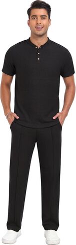 PrinStory Men's Short Sleeve Outfits Waffle Knit Henley Shirt and Pants Set Casual 2 Pieces Summer Tracksuits with Pockets in Saudi Arabia
