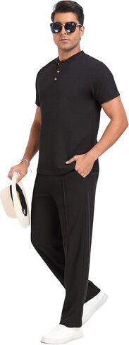 PrinStory Men's Short Sleeve Outfits Waffle Knit Henley Shirt and Pants Set Casual 2 Pieces Summer Tracksuits with Pockets in Saudi Arabia