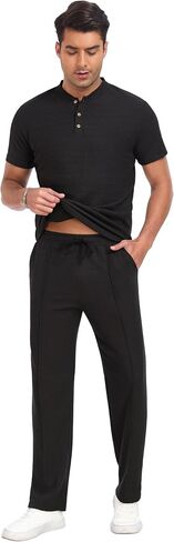 PrinStory Men's Short Sleeve Outfits Waffle Knit Henley Shirt and Pants Set Casual 2 Pieces Summer Tracksuits with Pockets in Saudi Arabia