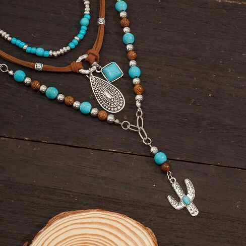 قلادات رعاة البقر الغربية ذات الطبقات للنساء عتيقة روديو فيروز سلسلة رعاة البقر المزينة بقبعة مجوهرات غربية مجموعة من ملحقات الزي رعاة البقر في الريف in Kuwait