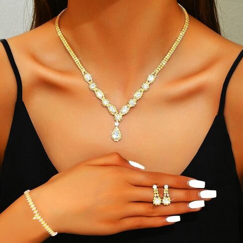 GORAIS Silver Bride Wedding Jewelry Set Rhinestone Necklace Earring Bracelet Sets Crystal Formal Bridal Jewelry for Women in Saudi Arabia