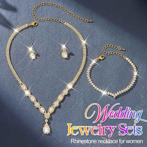 GORAIS Silver Bride Wedding Jewelry Set Rhinestone Necklace Earring Bracelet Sets Crystal Formal Bridal Jewelry for Women in Saudi Arabia
