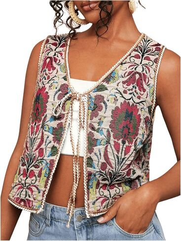 GORGLITTER Women's Tie Front Cardigan Vest Tops Floral Boho Sleeveless Western Trendy Fashion 2025 in Saudi Arabia