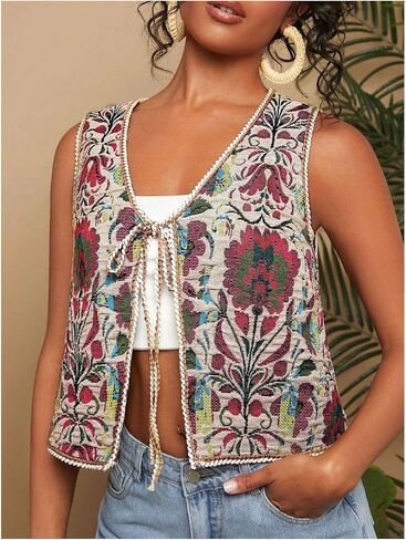 GORGLITTER Women's Tie Front Cardigan Vest Tops Floral Boho Sleeveless Western Trendy Fashion 2025 in Saudi Arabia
