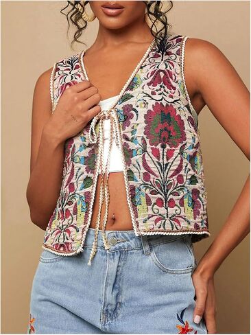 GORGLITTER Women's Tie Front Cardigan Vest Tops Floral Boho Sleeveless Western Trendy Fashion 2025 in Saudi Arabia