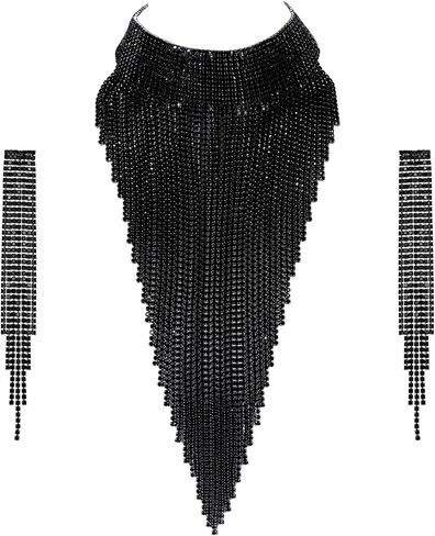 Flyonce Sparkly Rhinestone Costume Statement Jewelry, Tassel Chunky Collar Necklace With Long Chandelier Earrings in Kuwait