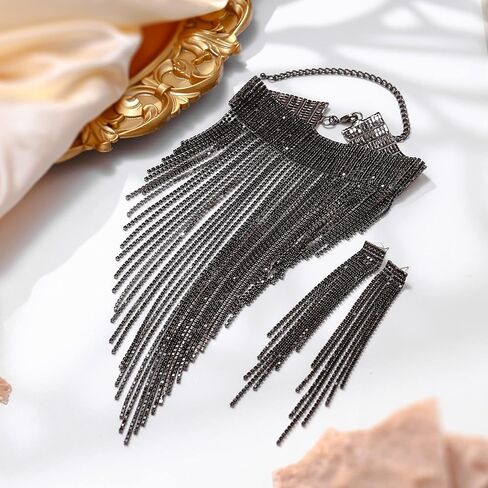 Flyonce Sparkly Rhinestone Costume Statement Jewelry, Tassel Chunky Collar Necklace With Long Chandelier Earrings in Kuwait