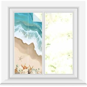 Window Privacy Film, Nautical Coastal Turtle Window Clings for Glass Windows, Static Cling Window Sticker, Daytime Privacy Bathroom Door Covering, Coral Starfish Seashell Ocean Themed 23.6X 59in