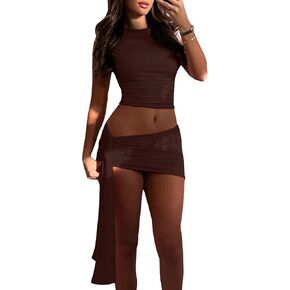 SEMATOMALA Women's Y2K Mini Skirt 2 Piece Set Off One Shoulder Crop Top and Ruched Bodycon Skirt Club Outfits
