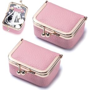 2-Pack Genuine Leather Mini Coin Purse Jewelry Box & Travel Case - Assemble Portable Small Leather Organizer with Coin Pouch, Tiny Compact Design for Women Travel（Pink）