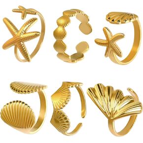 Jansun 6 PCS Gold Seashell Rings for Women 18k Gold Plated Seashell Ginkgo Starfish Surf Ringsable Dainty Flats ، Heachy Summer Jewelry Gift
