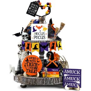 19 Pcs Halloween Tiered Tray Decor - Hocus Pocus Decorations, Wooden Signs, Bead Garland - Farmhouse Rustic Home Table Party Supplies