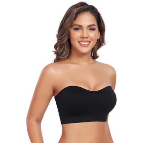 Women's Strapless Bra Non-Slip Silicone Bandeau Removable Pads Wireless Tube Bra with Two Shoulder Straps Black L