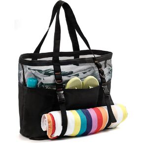 40L Mesh Beach Bag Tote with Zipper Drain Sand for Women Swimming Travel Black 15H 17W 8D inch
