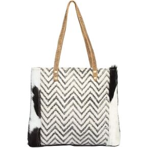 Myra Bag Chevron Cross Upcycled Canvas & Cowhide Tote Bag S-1375, Black, One Size