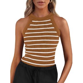PRETTYGARDEN Womens Tops Dressy Casual Halter Neck Going Out Tank Tops for Women 2025 Slim Fit Ribbed Striped Summer Tanks