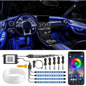 Interior Car Led Strip Lights, 9 in 1 RGB App Control Inside Car Ambient Lighting Kit Included 5 Fiber Optic LED Lights & 4 Car Floor Lights for DIY Color, Style Mode, Music Mode, Mic & Timing