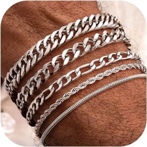 Fansilver 5 PCS الفولاذ المقاوم للصدأ سوار الذهب الفضة الكوبي رابط حبل فيارارو سلسلة أساور السلسلة الكوبية للرجال نساء 7.48/8.07/8.26 بوصة