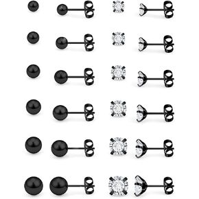 Prjndjw Black Stud Earrings Mix Sizes 3-8mm12 Pairs 20G Surgical Steel Cubic Zirconia Round Ball Set for Women Men Helix Tragus Lobe Stud Ear rings
