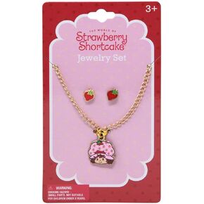 HER Strawberry Shortcake Jewelry Set for Kids, Character Pendant Necklace with Strawberry Earrings, Ages 3+