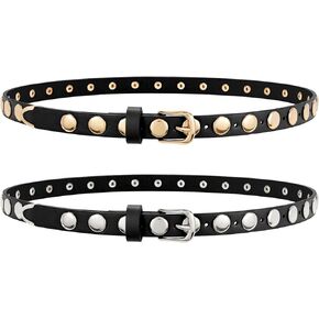WERFORU 2 Pack Women Skinny Studded Belt Fashion Leather Waistbelts for Women Black Studded Belt for Jeans Pants 0.71" Width